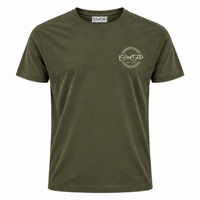 Front of Cool Flo Khaki t-shirt featuring a cream left-chest print of the Cool Flo logo and 'Est 1989' within a double-line circular shape.