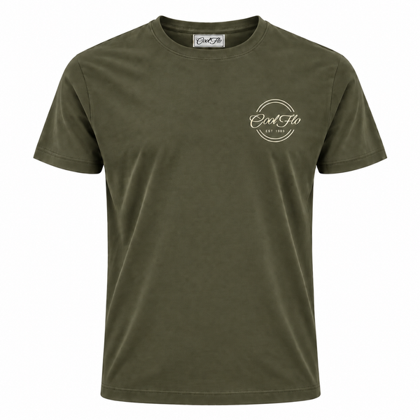 Front of Cool Flo Khaki t-shirt featuring a cream left-chest print of the Cool Flo logo and 'Est 1989' within a double-line circular shape.