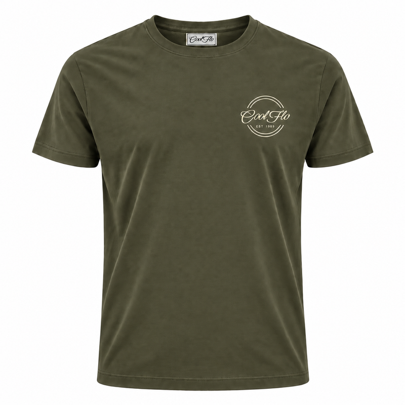 Front of Cool Flo Khaki t-shirt featuring a cream left-chest print of the Cool Flo logo and 'Est 1989' within a double-line circular shape.