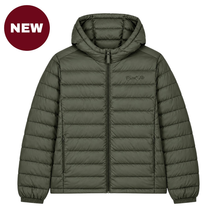 'NEW' Cool Flo Puffer Jacket in Khaki with tonal embroidered Cool Flo Script logo, hood, zipped pockets and quilted finish.
