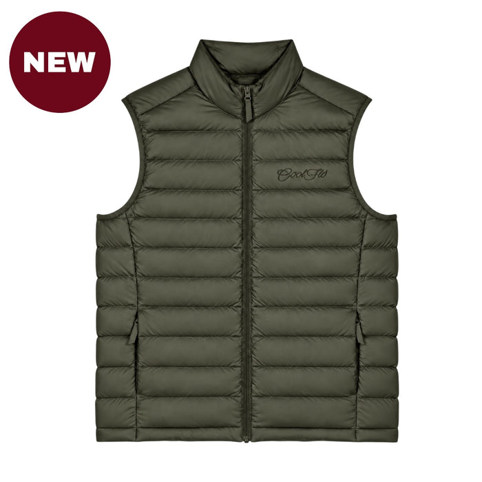 Cool Flo Puffer Gilet in Khaki with tonal embroidered Cool Flo Script logo, zipped pockets and quilted finish.