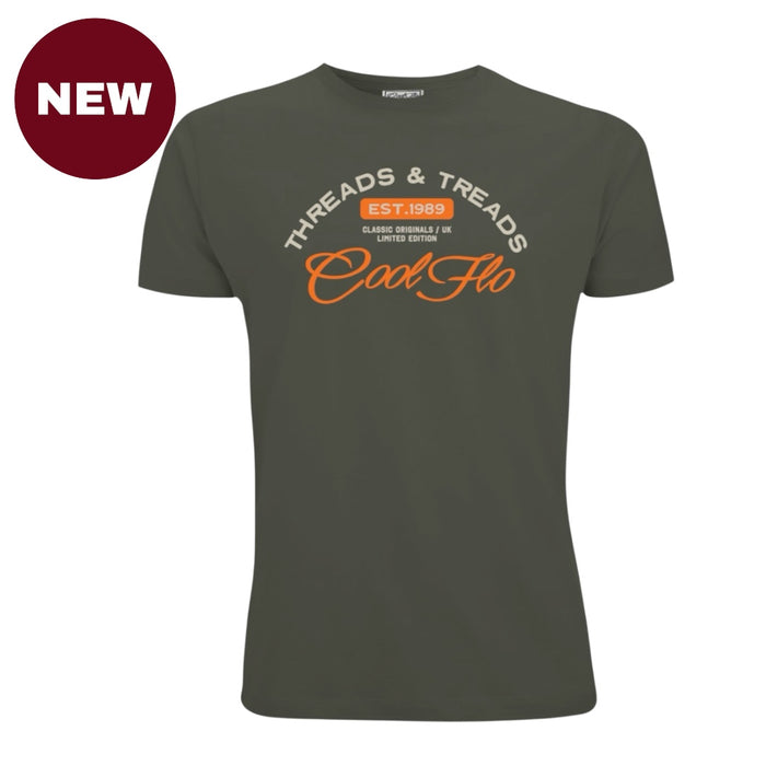 'NEW' khaki short-sleeve t-shirt with a Cool Flo Threads & Treads print in cream and orange.