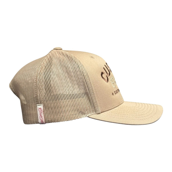 Cool Flo Custom Edition Khaki Trucker Cap with brown custom embroidery and khaki tonal logo, side view.