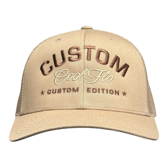 Cool Flo Custom Edition Khaki Trucker Cap with brown custom embroidery and khaki tonal logo, front view.