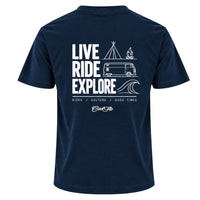 Back view of Cool Flo navy blue t-shirt, featuring a white graphic print with the text 'LIVE RIDE EXPLORE' and camping-themed illustrations including a VW van, tent, campfire, and wave. A strapline of Rides/Culture/Good Times and Cool Flo logo is printed below.
