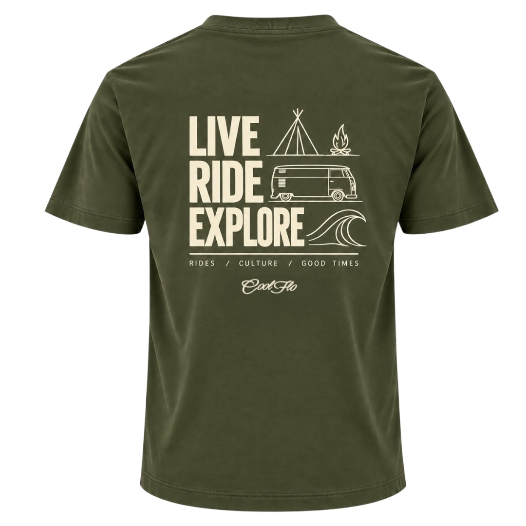 Back view of Cool Flo khaki t-shirt, featuring a cream graphic print with the text 'LIVE RIDE EXPLORE' and camping-themed illustrations including a VW van, tent, campfire, and wave. A strapline of Rides/Culture/Good Times and Cool Flo logo is printed below.