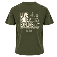Back view of Cool Flo khaki t-shirt, featuring a cream graphic print with the text 'LIVE RIDE EXPLORE' and camping-themed illustrations including a VW van, tent, campfire, and wave. A strapline of Rides/Culture/Good Times and Cool Flo logo is printed below.