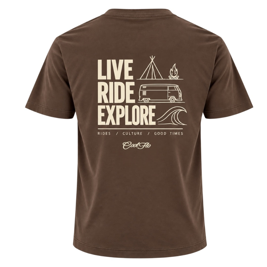Back view of Cool Flo Mocha t-shirt, featuring a cream graphic print with the text 'LIVE RIDE EXPLORE' and camping-themed illustrations including a VW van, tent, campfire, and wave. A strapline of Rides/Culture/Good Times and Cool Flo logo is printed below.