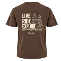 Back view of Cool Flo Mocha t-shirt, featuring a cream graphic print with the text 'LIVE RIDE EXPLORE' and camping-themed illustrations including a VW van, tent, campfire, and wave. A strapline of Rides/Culture/Good Times and Cool Flo logo is printed below.