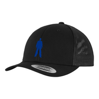 Leeroy Thornhill black 'Logo' trucker cap designed by Lena Thornhill.  Black cap with blue embroidered logo.