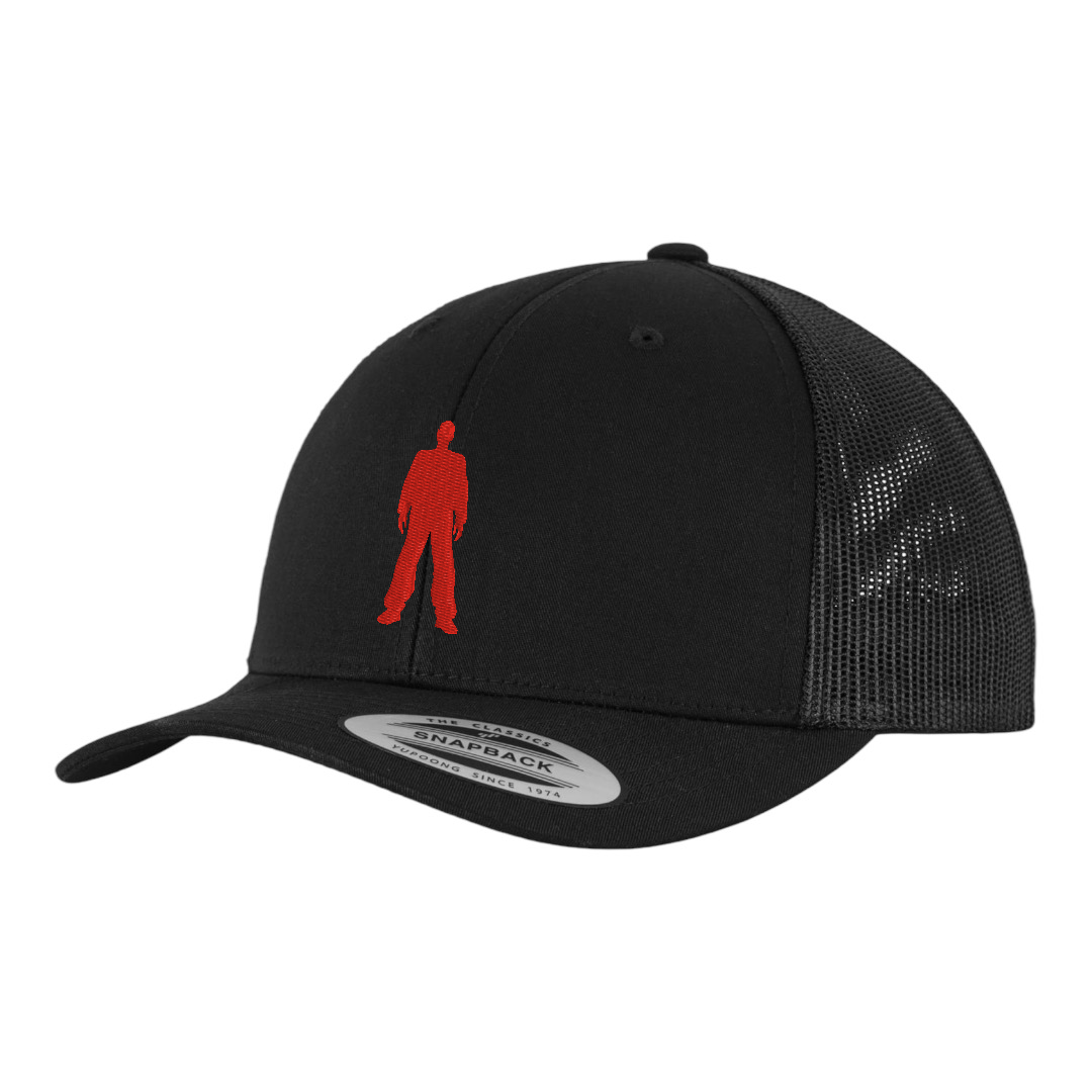 Leeroy Thornhill black 'Logo' trucker cap designed by Lena Thornhill.  Black cap with red embroidered logo.