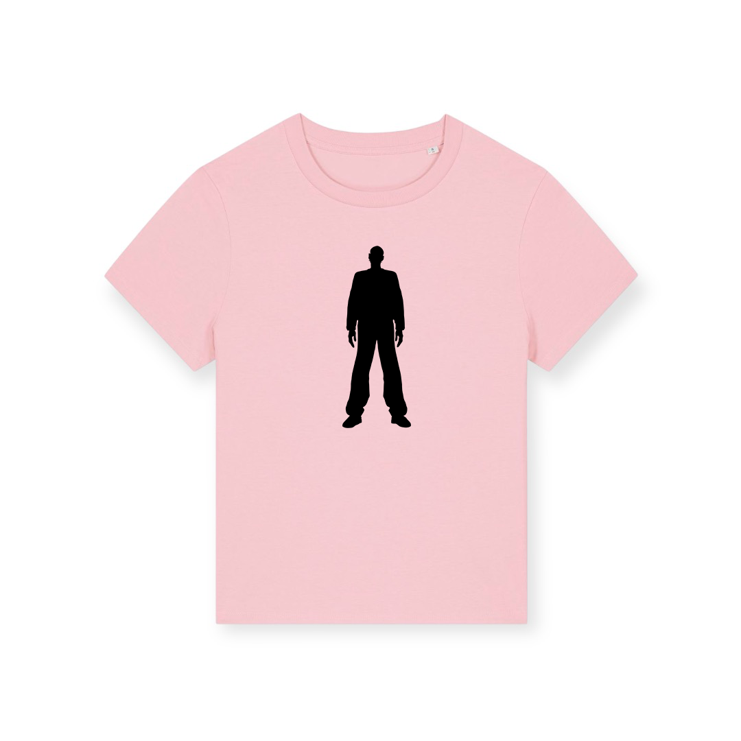 Leeroy Thornhill “logo” women's tee designed by Lena Thornhill.  Pink T-shirt with bold silhouette logo design printed in black on the front.  