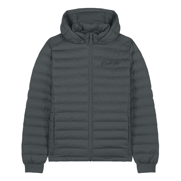 Lightweight anthracite puffer jacket with matching Cool Flo script logo embroidered on the left.