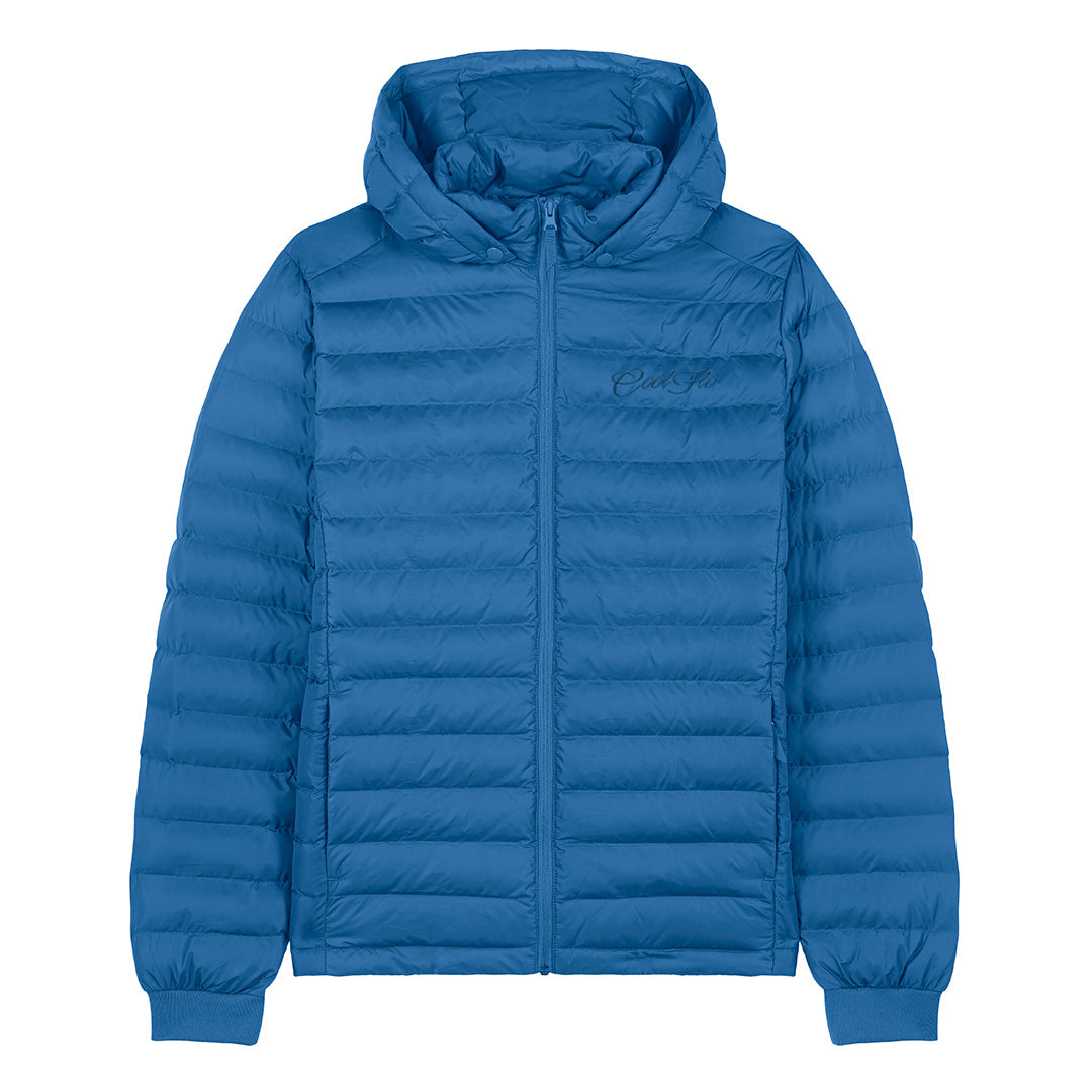 Premium blue puffer jacket with matching Cool Flo script logo embroidered on the left.