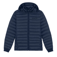 Premiun navy puffer jacket with matching Cool Flo script logo embroidered on the left.