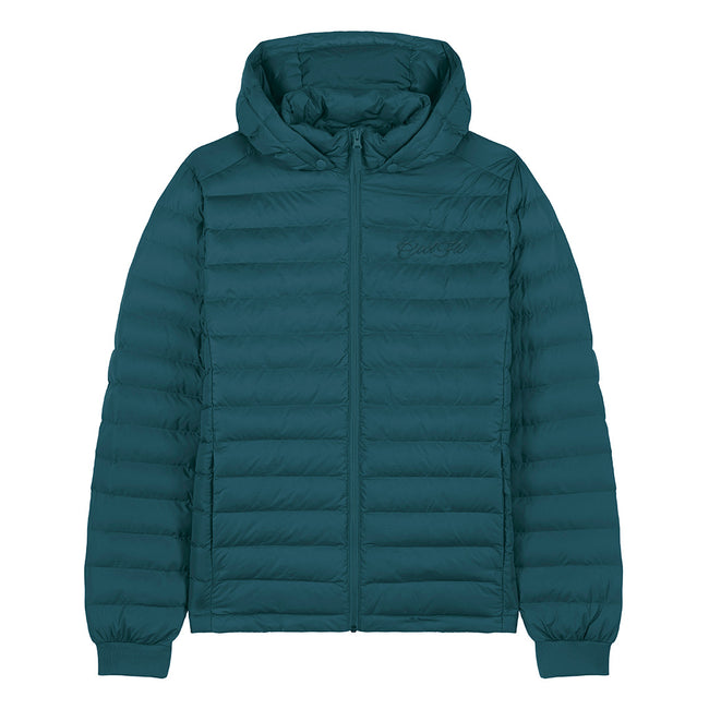 Teal premium puffer jacket with matching Cool Flo script logo embroidered on the left.