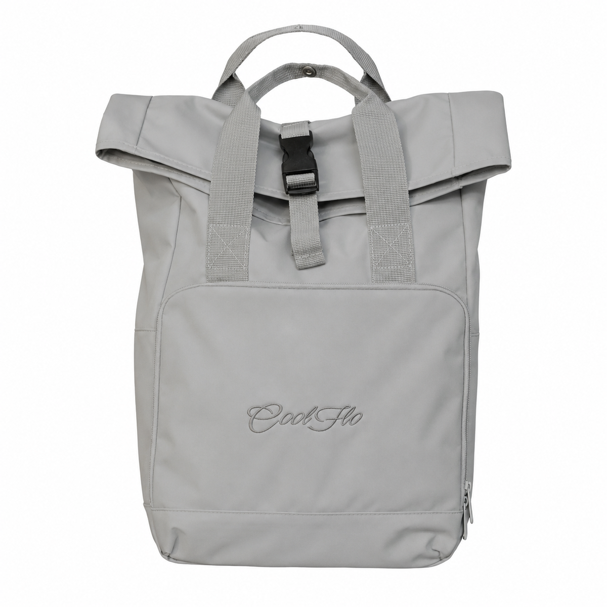 Light grey roll-top back pack with Cool Flo logo embroidered on front pocket in complimentary tonal colour
