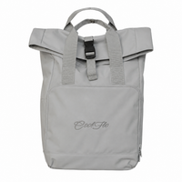 Light grey roll-top back pack with Cool Flo logo embroidered on front pocket in complimentary tonal colour