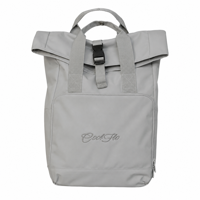 Light grey roll-top back pack with Cool Flo logo embroidered on front pocket in complimentary tonal colour
