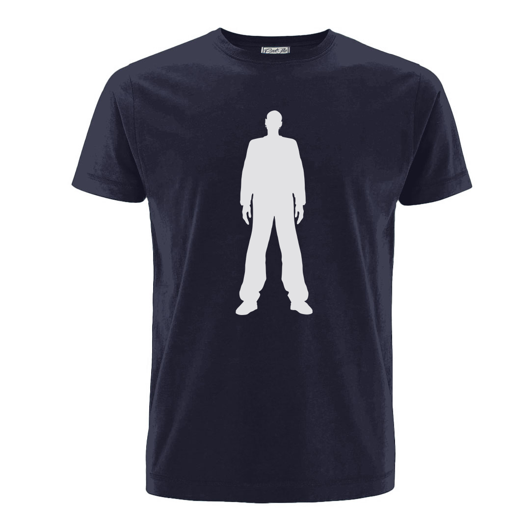 Leeroy Thornhill 'logo' designed by Lena Thornhill.  Navy blue tee with large  white logo printed on the front. 