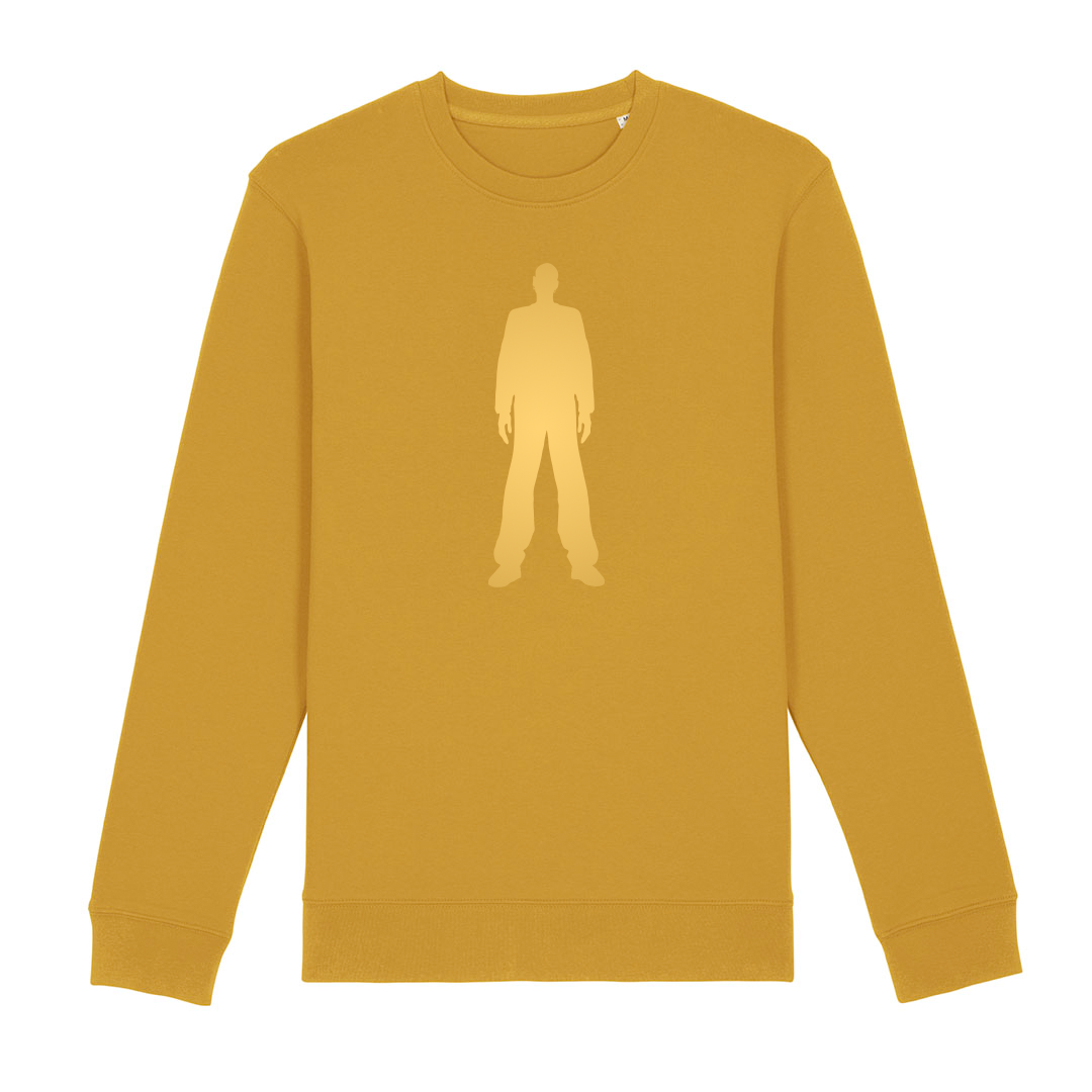 Ochre sweatshirt with large Leeroy Thornhill logo printed on the front. 