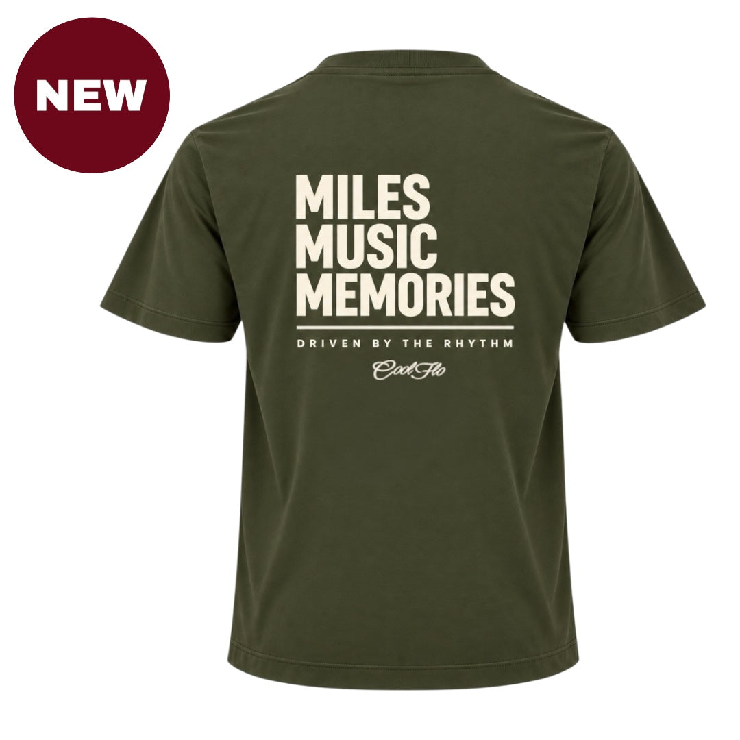 'NEW'  Back view of Cool Flo khaki t-shirt, featuring a cream graphic print that reads 'MILES MUSIC MEMORIES.' with the strapline 'DRIVEN BY THE RHYTHM' and a central 'Cool Flo' logo below.