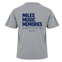  Back view of Cool Flo grey t-shirt, featuring a navy graphic print that reads 'MILES MUSIC MEMORIES.' with the strapline 'DRIVEN BY THE RHYTHM' and a central 'Cool Flo' logo below.