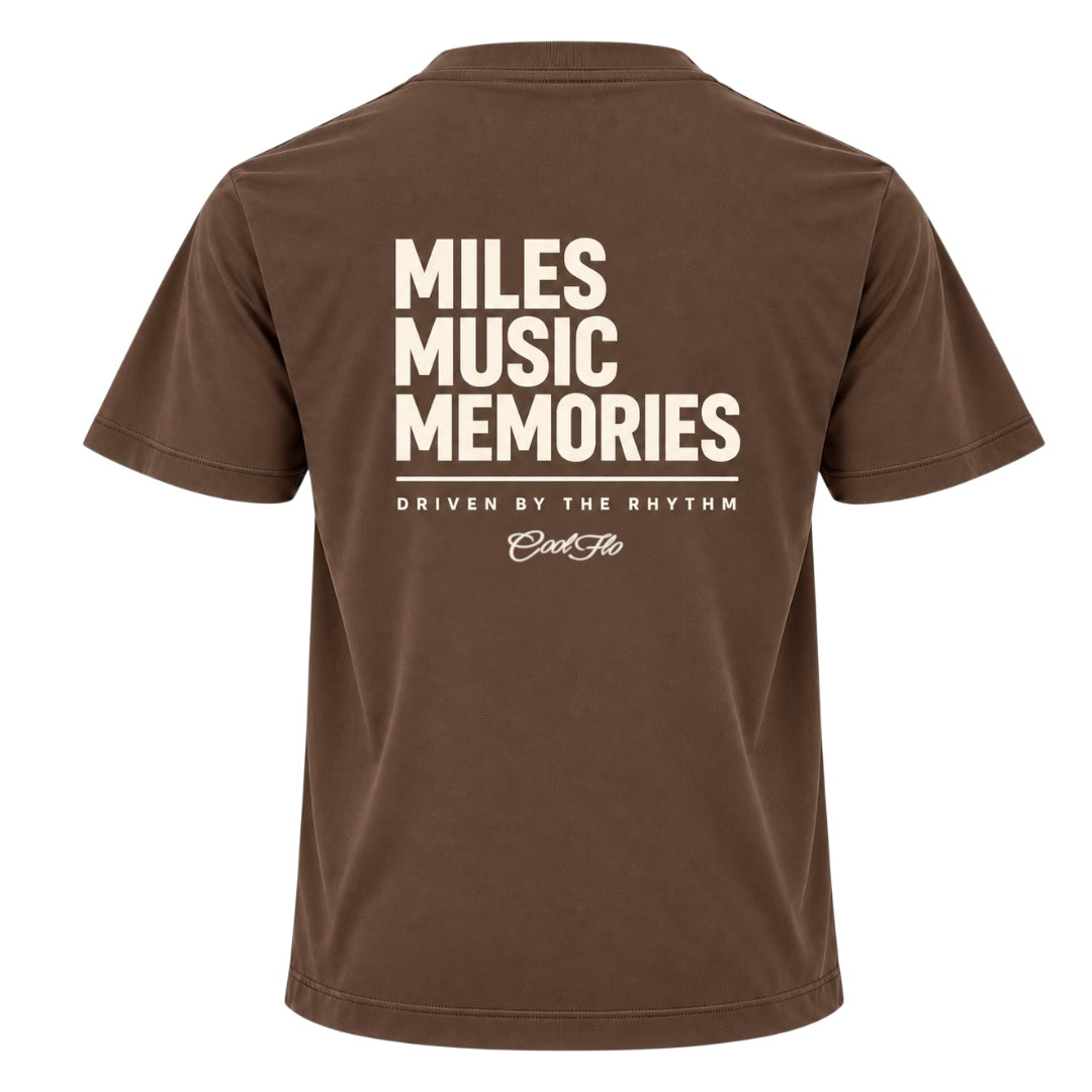  Back view of Cool Flo mocha t-shirt, featuring a cream graphic print that reads 'MILES MUSIC MEMORIES.' with the strapline 'DRIVEN BY THE RHYTHM' and a central 'Cool Flo' logo below.