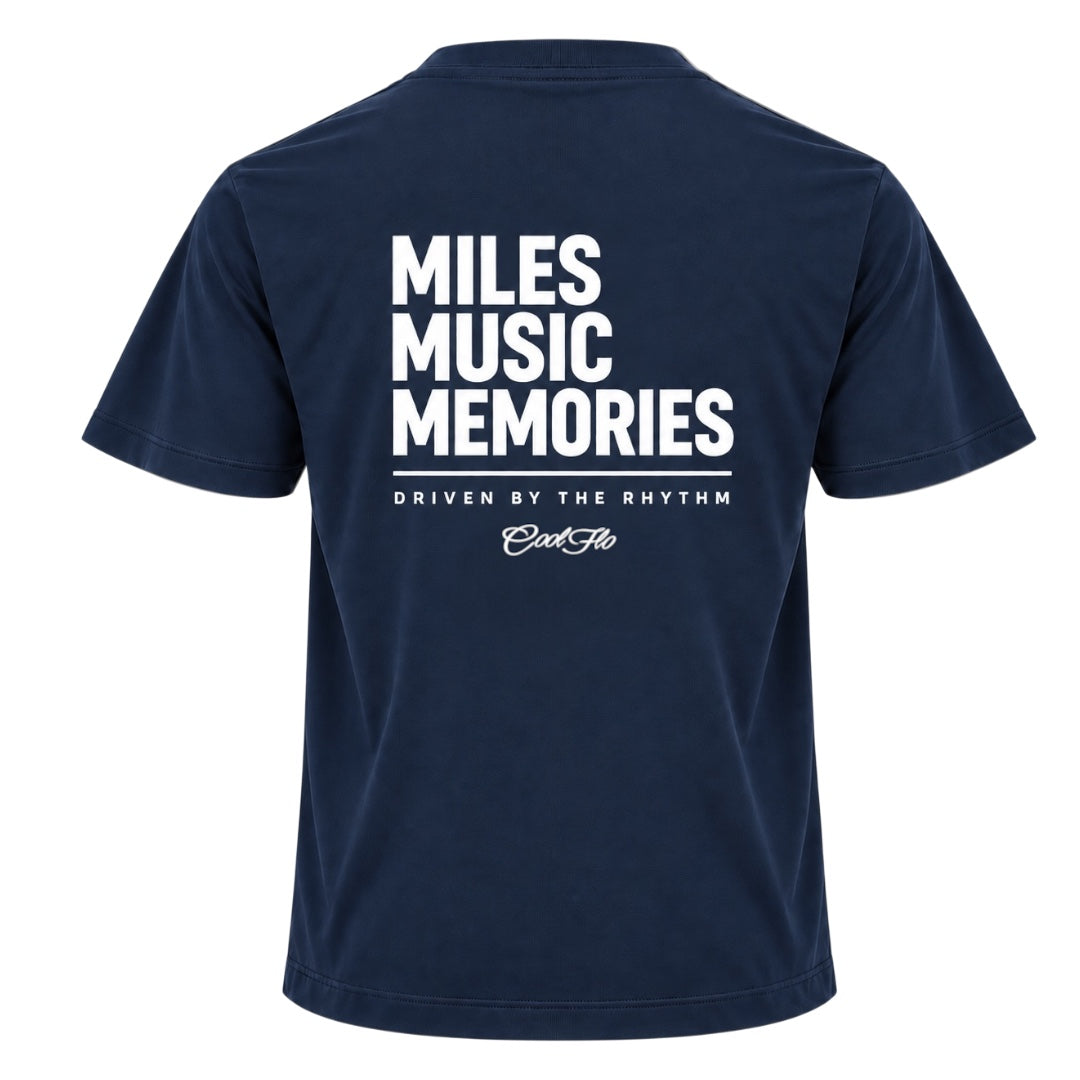  Back view of Cool Flo navy t-shirt, featuring a white graphic print that reads 'MILES MUSIC MEMORIES.' with the strapline 'DRIVEN BY THE RHYTHM' and a central 'Cool Flo' logo below.