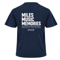  Back view of Cool Flo navy t-shirt, featuring a white graphic print that reads 'MILES MUSIC MEMORIES.' with the strapline 'DRIVEN BY THE RHYTHM' and a central 'Cool Flo' logo below.