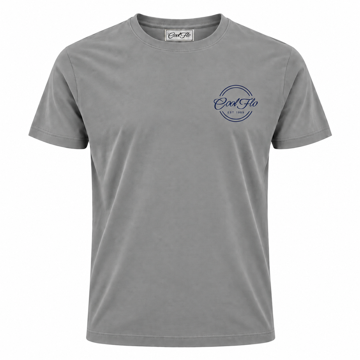 Front of Cool Flo Misty Grey t-shirt featuring a navy left-chest print of the Cool Flo logo and 'Est 1989' within a double-line circular shape.