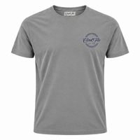 Front of Cool Flo Misty Grey t-shirt featuring a navy left-chest print of the Cool Flo logo and 'Est 1989' within a double-line circular shape.