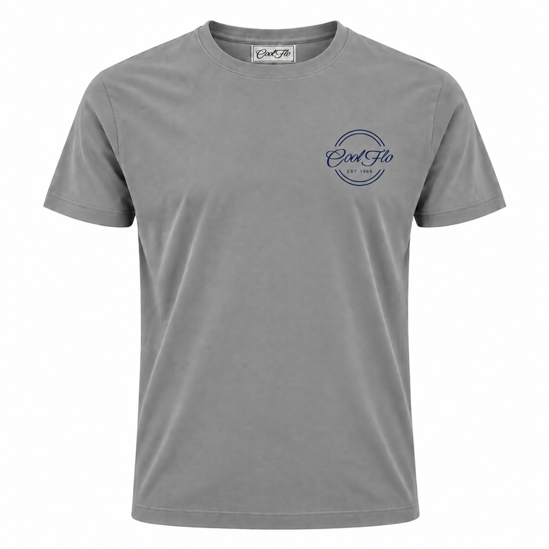 Front of Cool Flo Misty Grey t-shirt featuring a navy left-chest print of the Cool Flo logo and 'Est 1989' within a double-line circular shape.