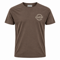 Front of Cool Flo Mocha t-shirt featuring a cream left-chest print of the Cool Flo logo and 'Est 1989' within a double-line circular shape.
