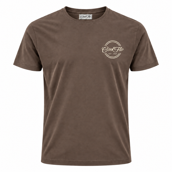 Front of Cool Flo Mocha t-shirt featuring a cream left-chest print of the Cool Flo logo and 'Est 1989' within a double-line circular shape.