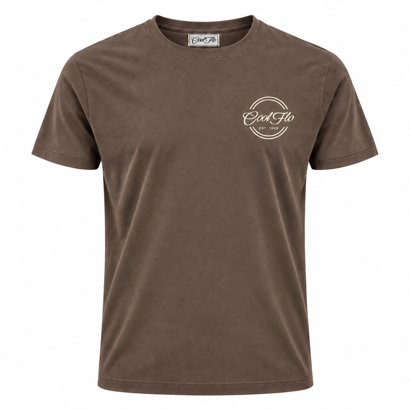 Front of Cool Flo Mocha t-shirt featuring a cream left-chest print of the Cool Flo logo and 'Est 1989' within a double-line circular shape.