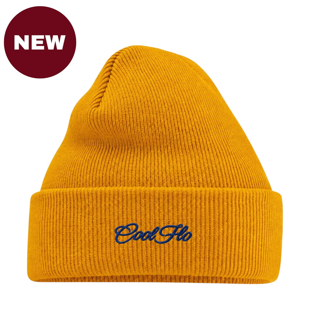 'NEW' Cool Flo Mustard beanie with navy script logo embroidered on the cuff.