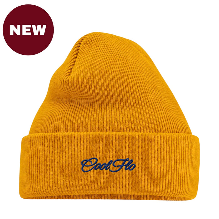 'NEW' Cool Flo Mustard beanie with navy script logo embroidered on the cuff.