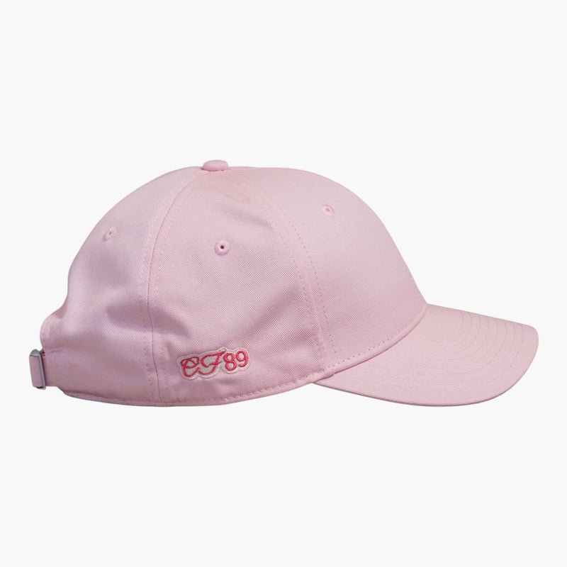 Right side view of a Cool Flo Pink baseball cap featuring CF89 embroidered side detail, a curved visor and adjustable strap fastening