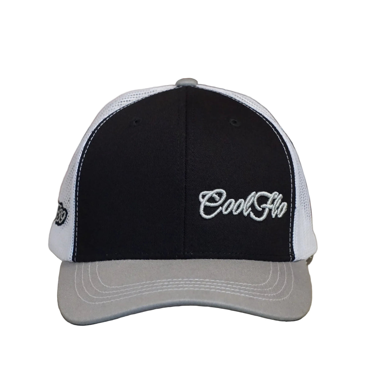 Front view of a Cool Flo Black/Grey/White trucker cap featuring an embroidered Mini Script logo positioned on the front left panel
