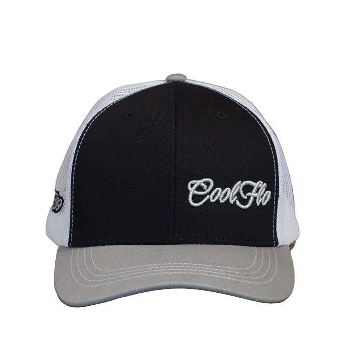 Front view of a Cool Flo Black/Grey/White trucker cap featuring an embroidered Mini Script logo positioned on the front left panel