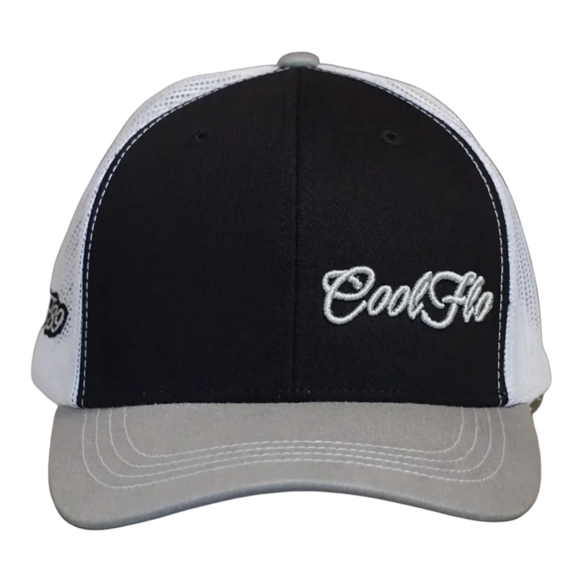 Front view of a Cool Flo Black/Grey/White trucker cap featuring an embroidered Mini Script logo positioned on the front left panel
