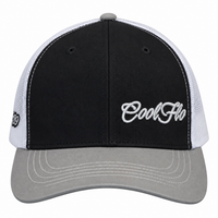 Front view of a Cool Flo Black/Grey/White trucker cap featuring an embroidered Mini Script logo positioned on the front left panel.