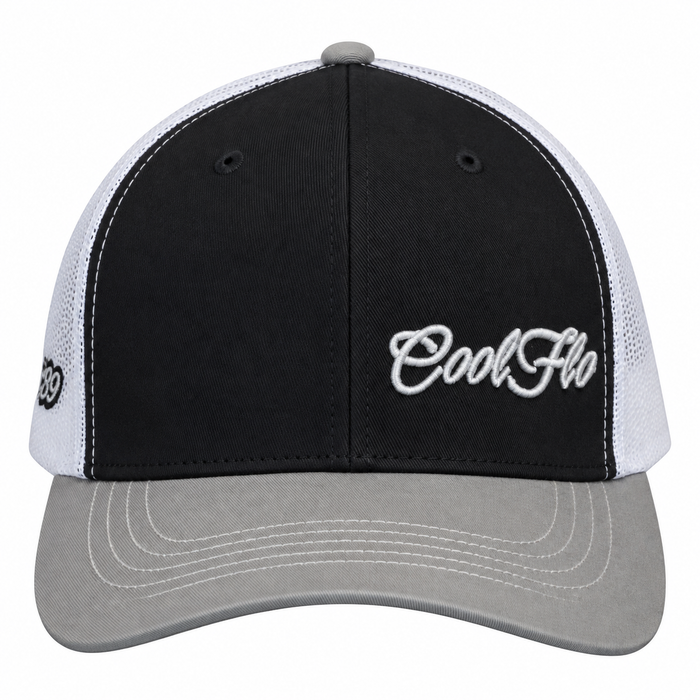 Front view of a Cool Flo Black/Grey/White trucker cap featuring an embroidered Mini Script logo positioned on the front left panel.
