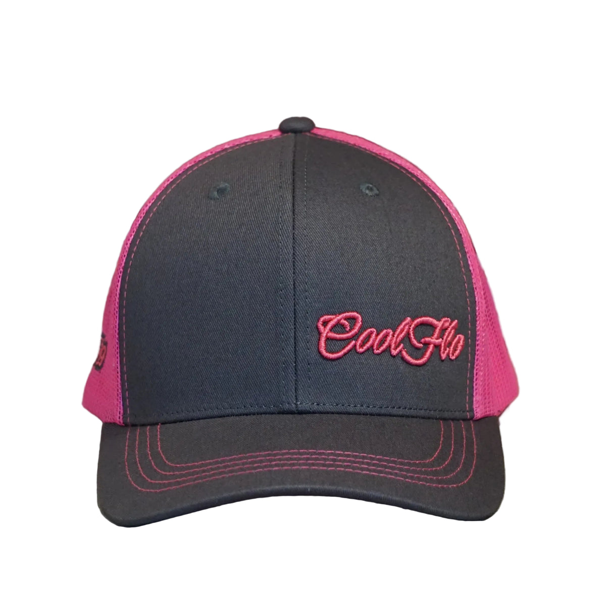 Front view of a Cool Flo Grey/Pink Trucker cap featuring an embroidered Mini Script logo positioned on the front left panel