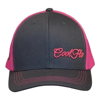 Front view of a Cool Flo Grey/Pink Trucker cap featuring an embroidered Mini Script logo positioned on the front left panel