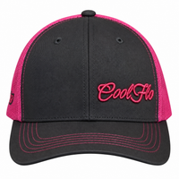 Front view of a Cool Flo Grey/Pink Trucker cap featuring an embroidered Mini Script logo positioned on the front left panel.