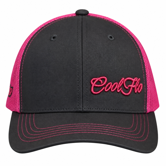Front view of a Cool Flo Grey/Pink Trucker cap featuring an embroidered Mini Script logo positioned on the front left panel.