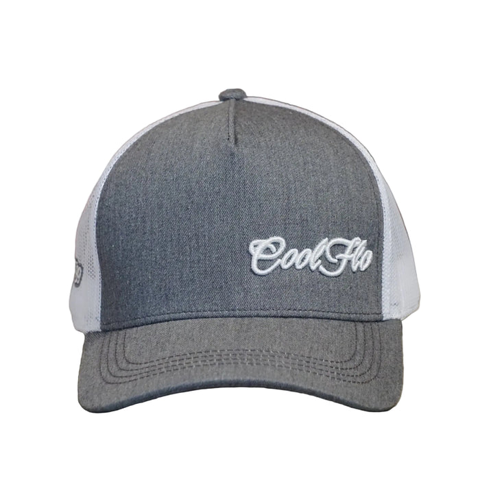 Front view of a Cool Flo Grey/White Trucker cap featuring an embroidered Mini Script logo positioned on the front left panel
