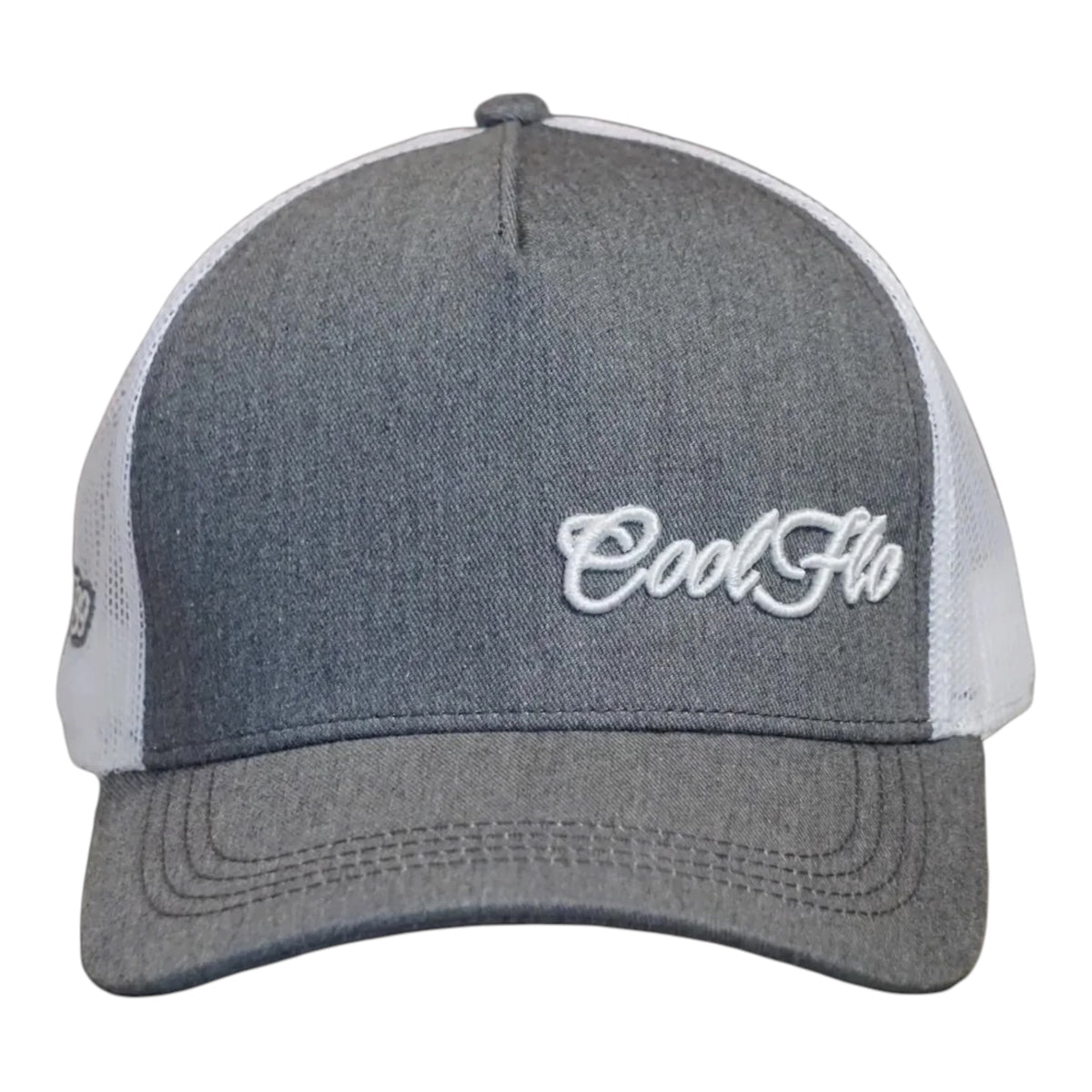 Front view of a Cool Flo Grey/White Trucker cap featuring an embroidered Mini Script logo positioned on the front left panel